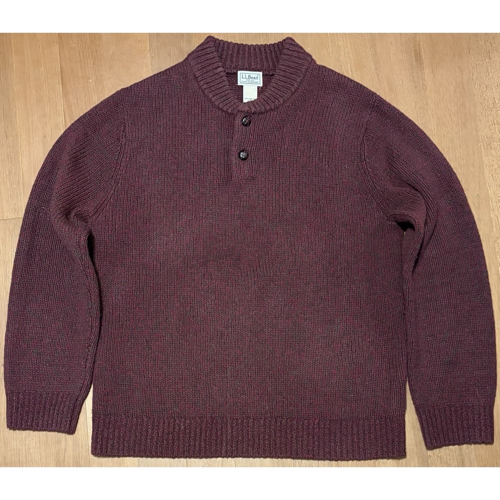 LL Bean Large Henley Sweater Red Knit 100% Lambswool Fisherman Chunky Buttons